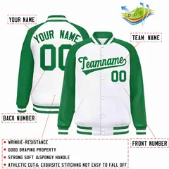 White Green Raglan Varsity Letterman Full-Snap Jacket 2
