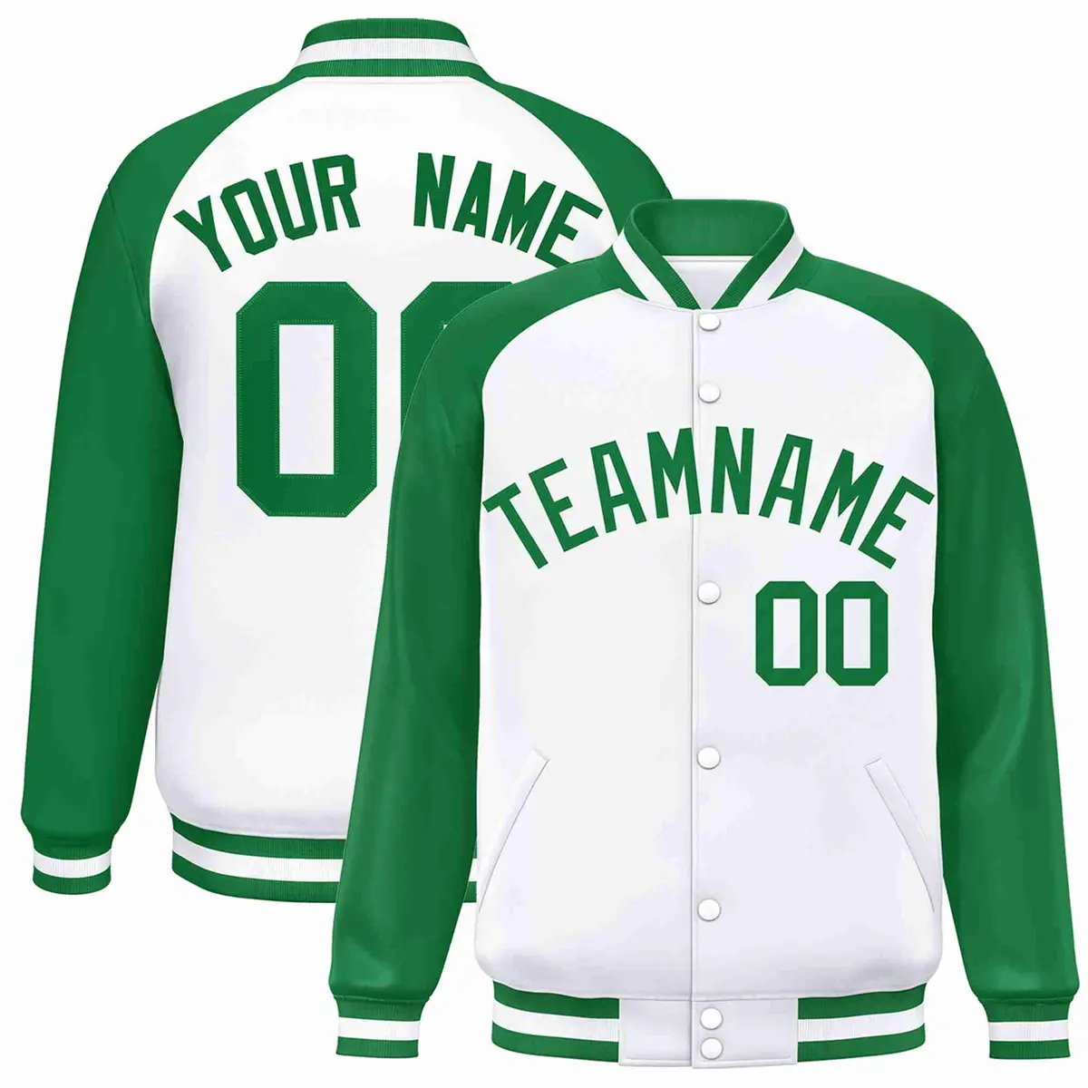 White Green Raglan Varsity Letterman Full-Snap Jacket