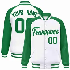 White Green Raglan Varsity Letterman Full-Snap Jacket 1