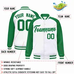 White Green Raglan Varsity Letterman Full-Snap Jacket 2
