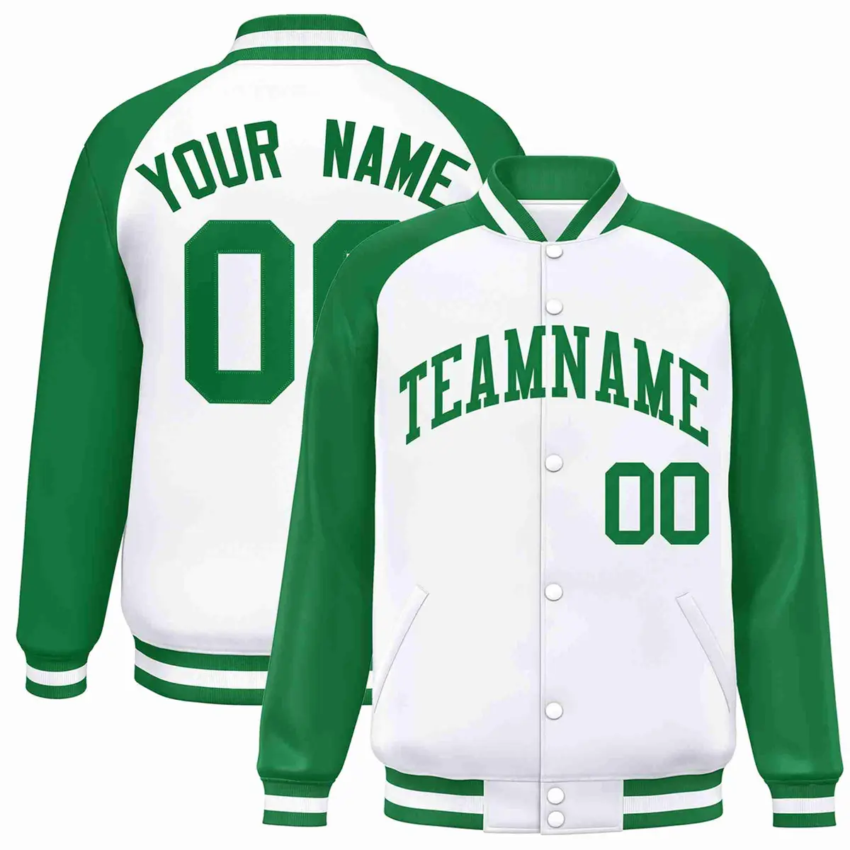 White Green Raglan Varsity Letterman Full-Snap Jacket