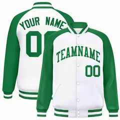 White Green Raglan Varsity Letterman Full-Snap Jacket 1