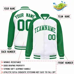 White Green Raglan Varsity Letterman Full-Snap Jacket 2