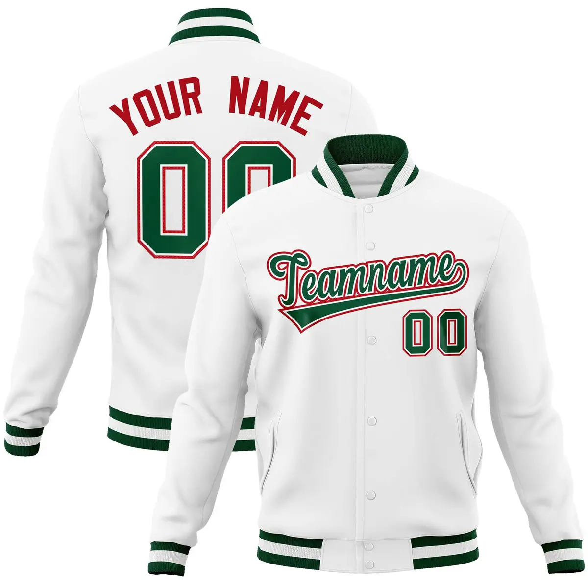 White Green-Red Classic Varsity Full-Snap Letterman Jacket