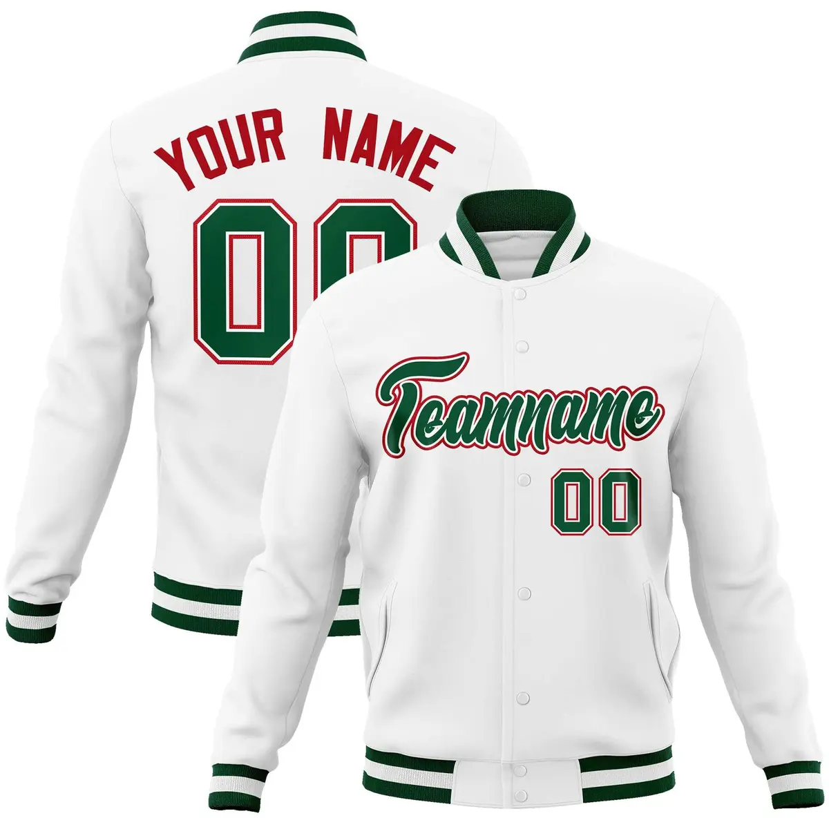 White Green-Red Classic Varsity Full-Snap Letterman Jacket