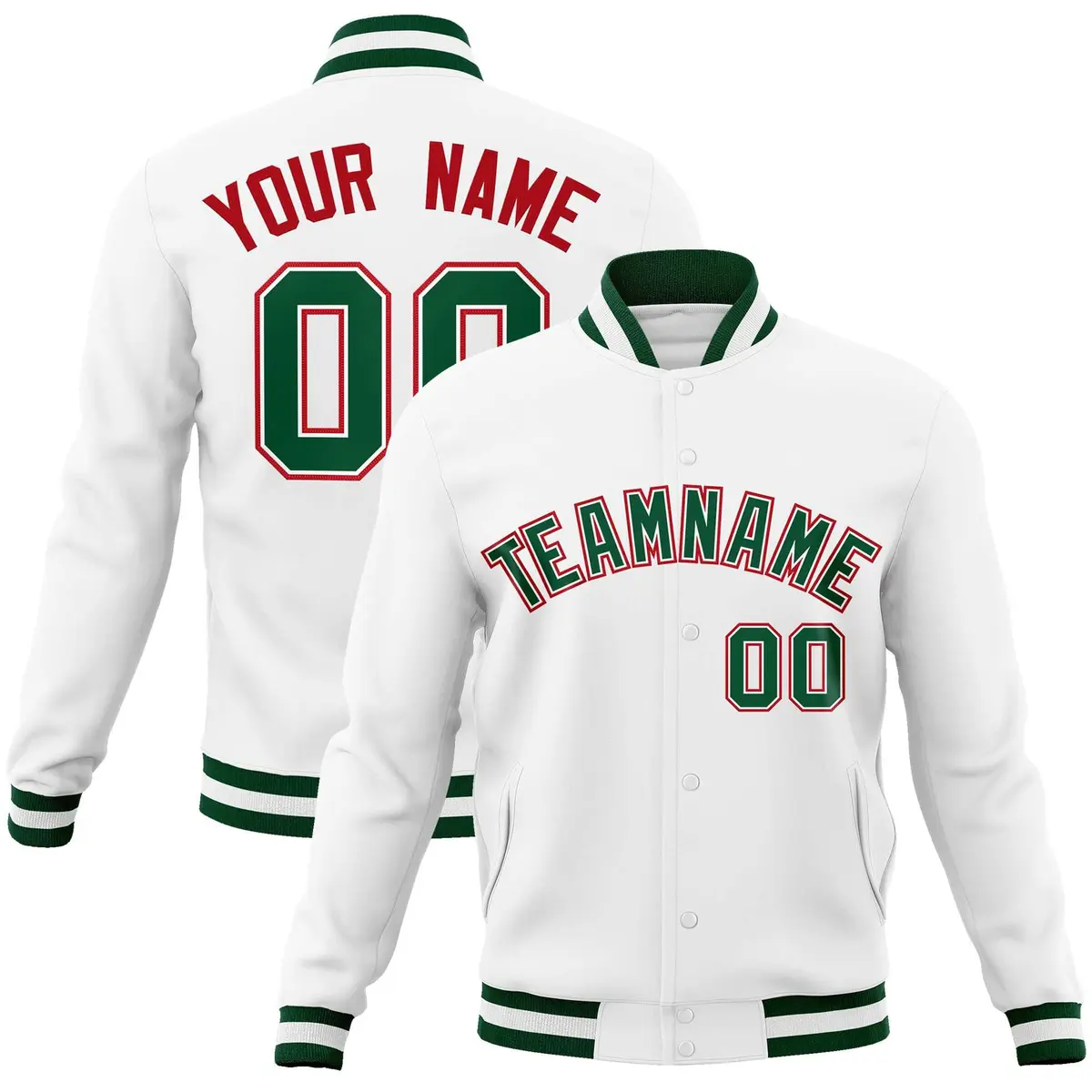 White Green-Red Classic Varsity Full-Snap Letterman Jacket