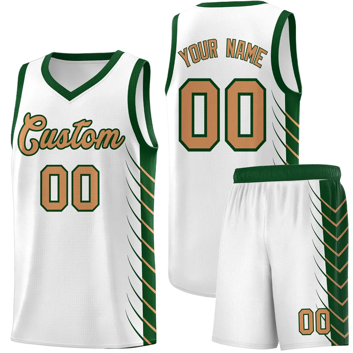 White Green Side Symmetrical Line Pattern Basketball Jersey