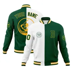 White Green Split Letterman Full-Snap Varsity Baseball Jacket 1