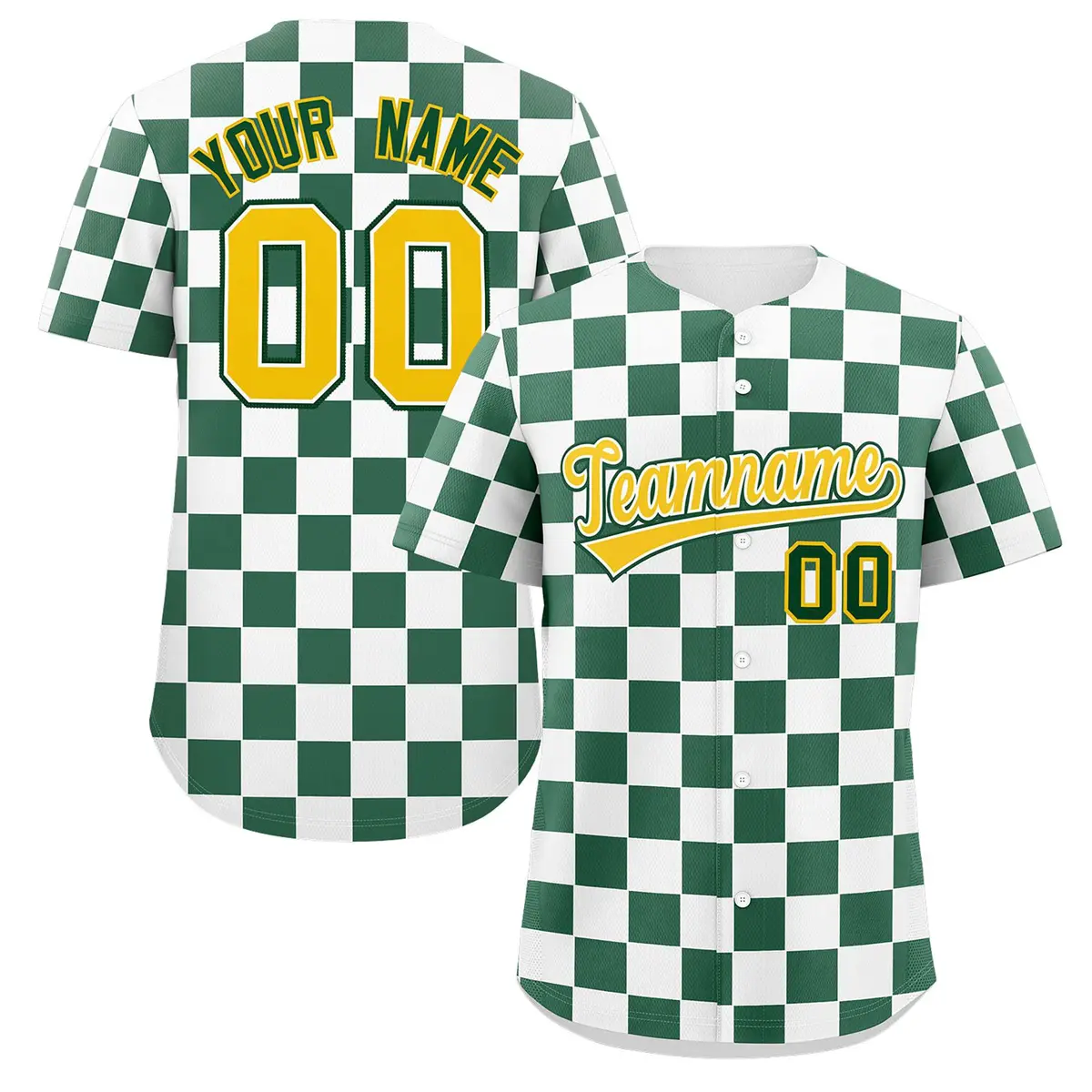 White Green Square Grid Color Block Baseball Jersey