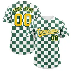 White Green Square Grid Color Block Baseball Jersey