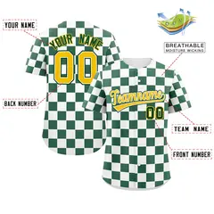 White Green Square Grid Color Block Baseball Jersey 2