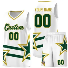White Green Star Pattern Double Lines Basketball Kits 1