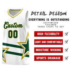 White Green Star Pattern Double Lines Basketball Kits 2
