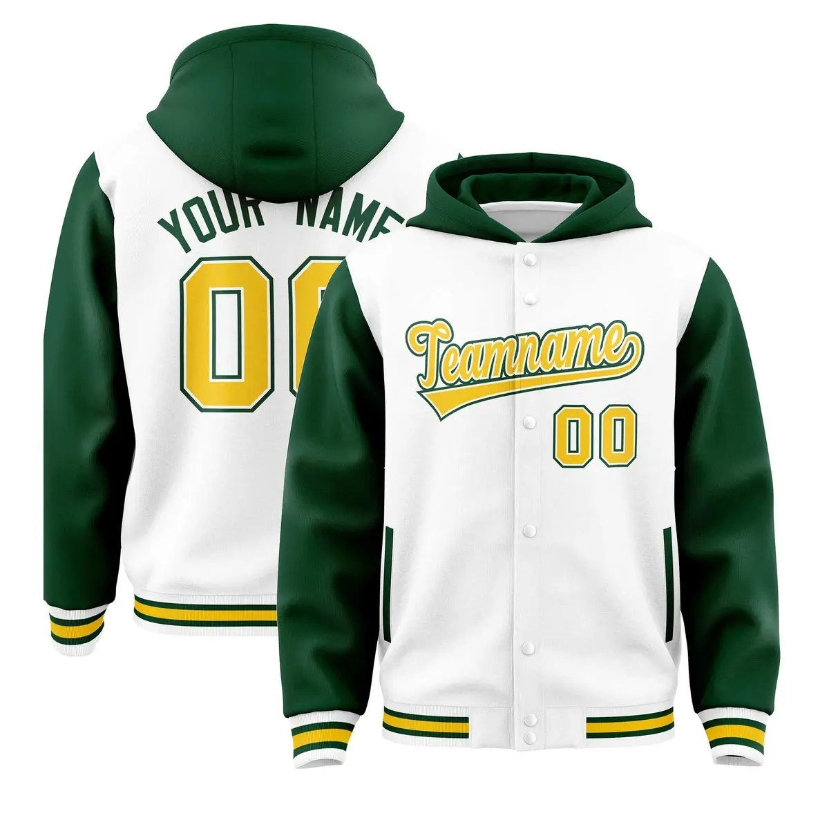 White Green Two Tone Raglan Varsity Letterman Jacket Hoodie