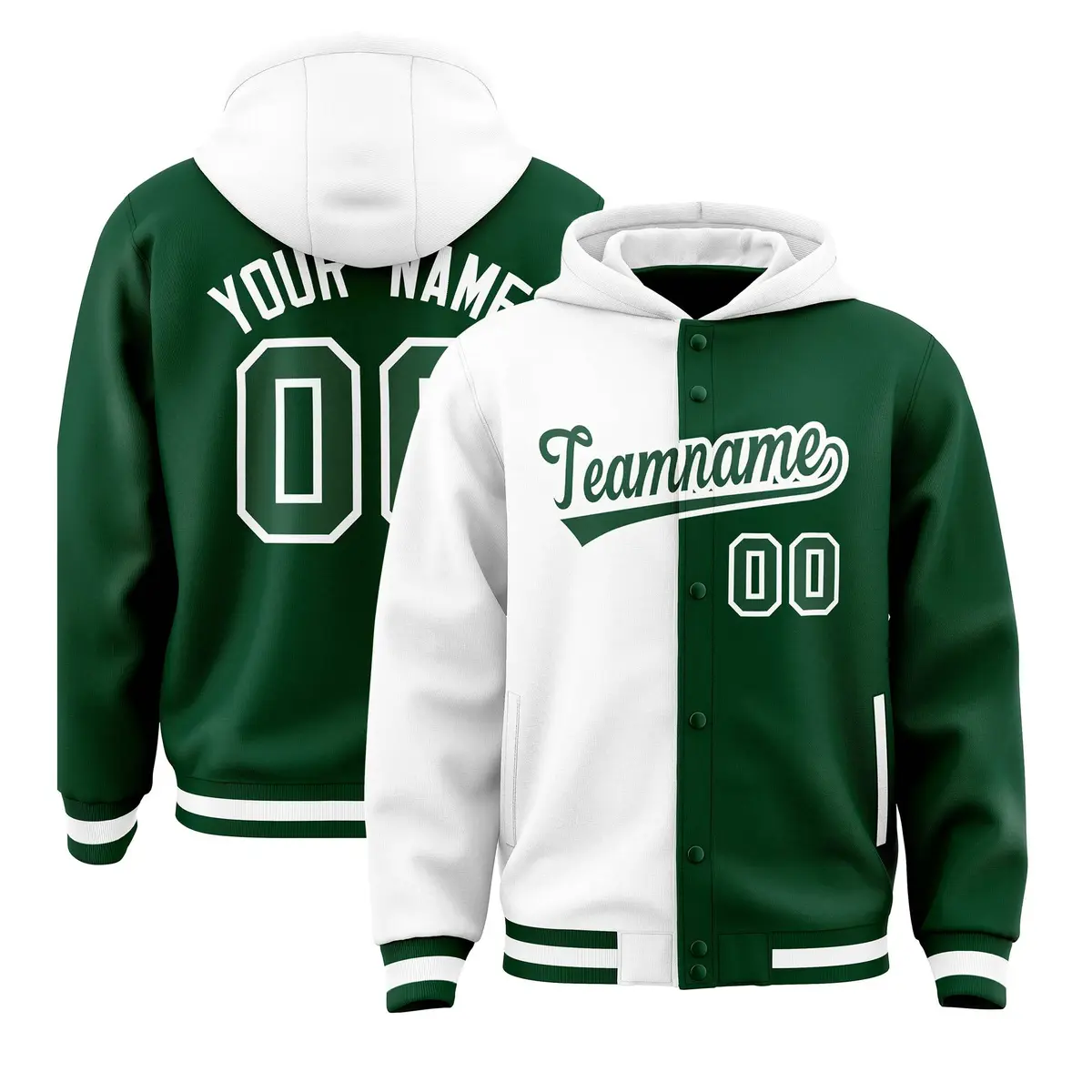 White Green Two Tone Split Varsity Letterman Jacket Hoodie