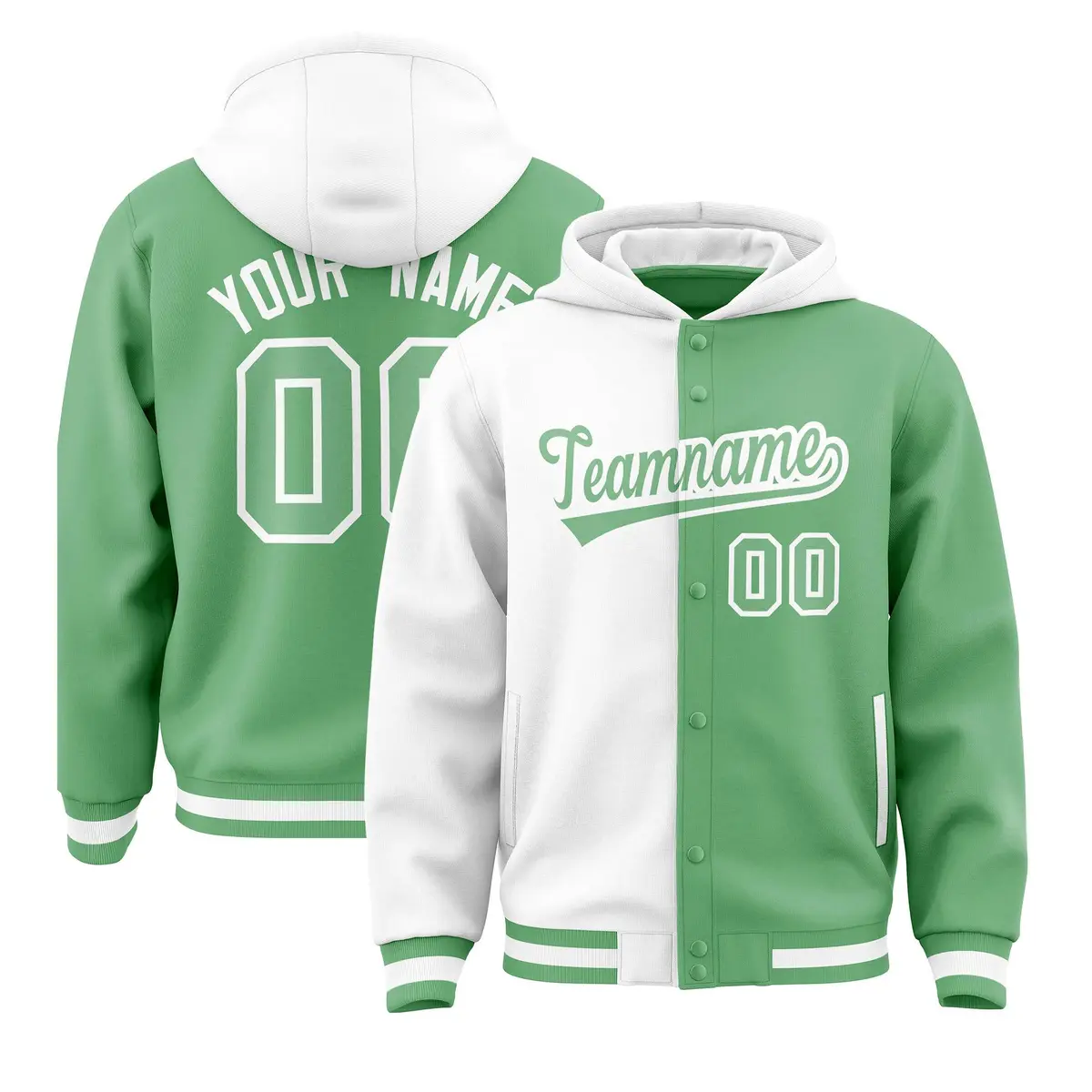 White Green Two Tone Split Varsity Letterman Jacket Hoodie