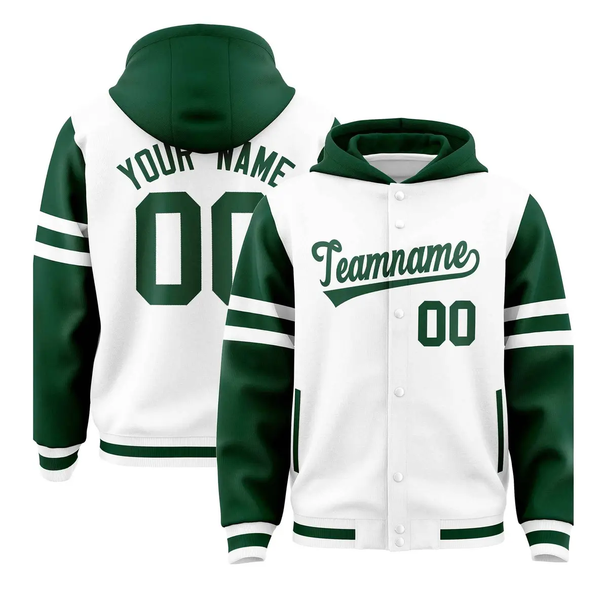 White Green Varsity Letterman Hoodie Jacket Raglan Three Stripes