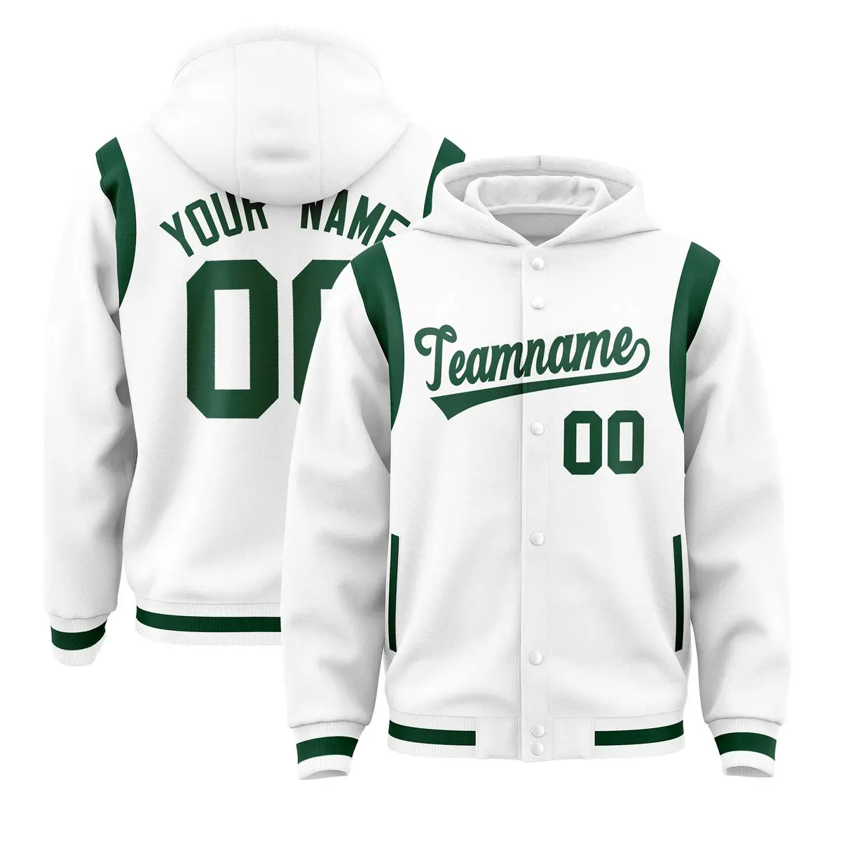 White Green Varsity Letterman Shoulder Color Block Jacket Hoodie