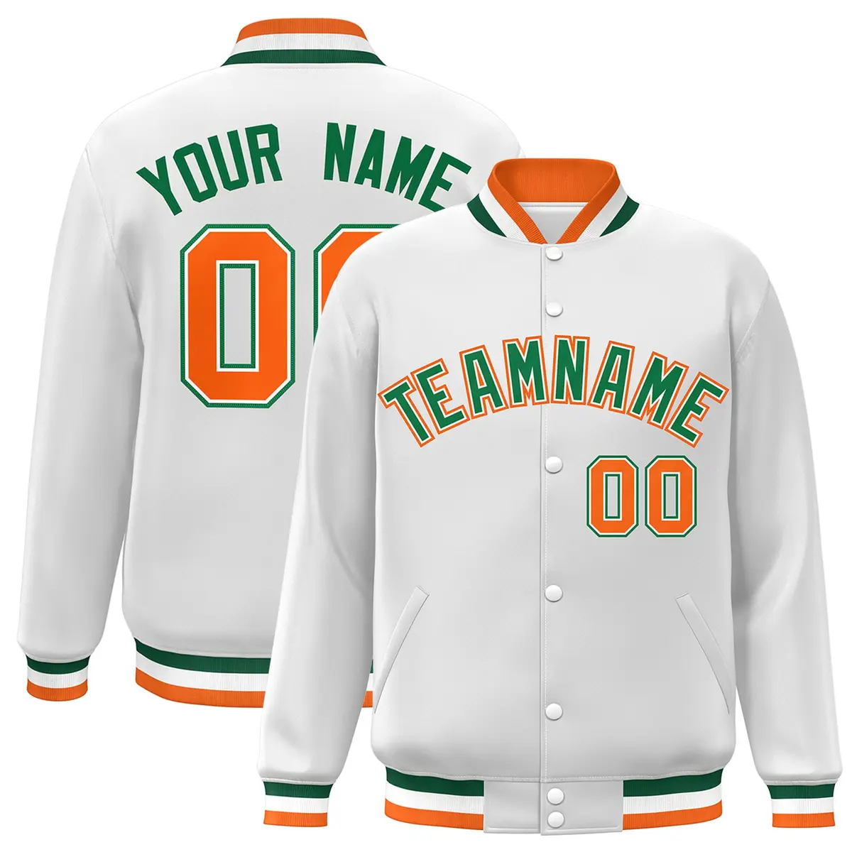 White Green-White Classic Varsity Full-Snap Letterman Jacket