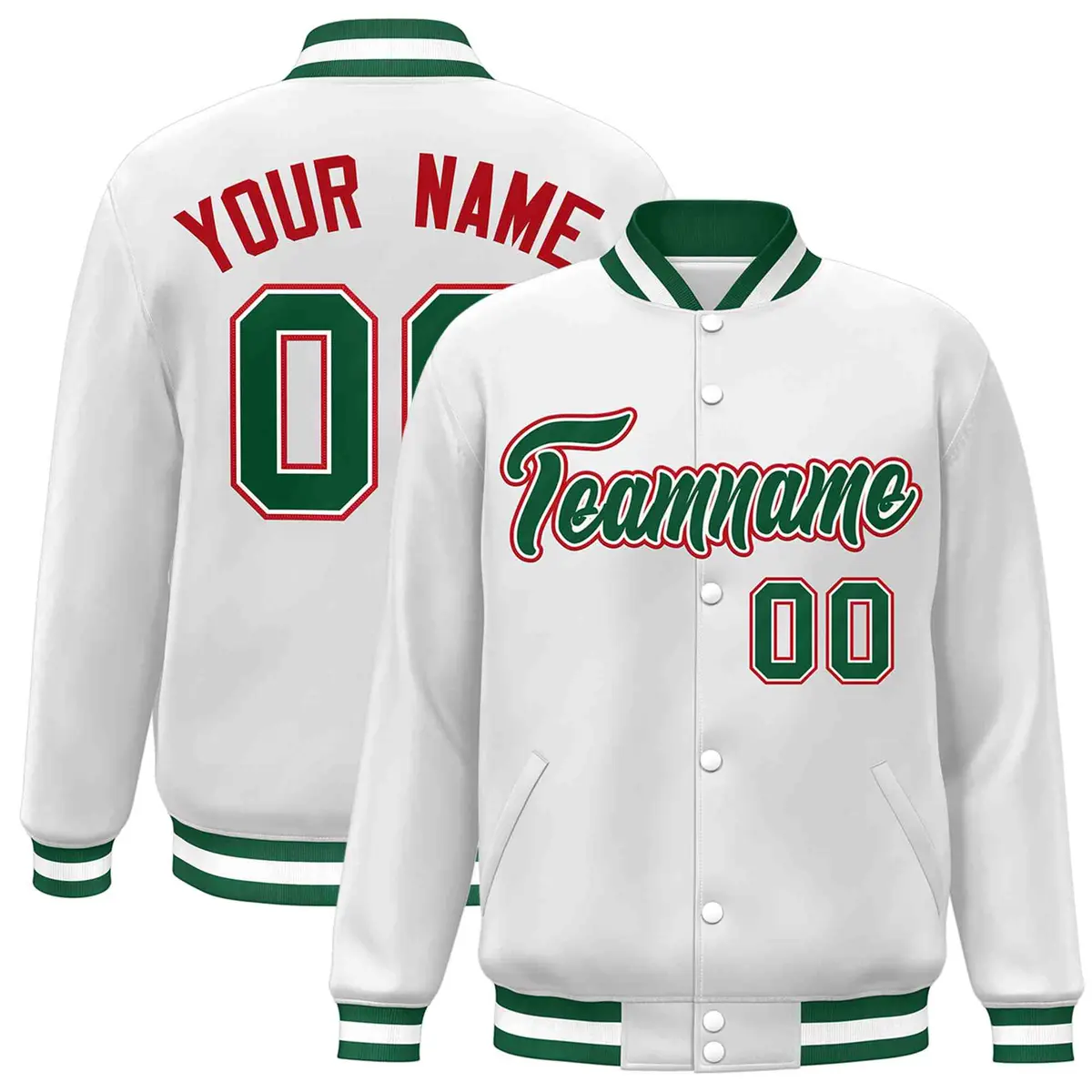 White Green-White Classic Varsity Full-Snap Letterman Jacket