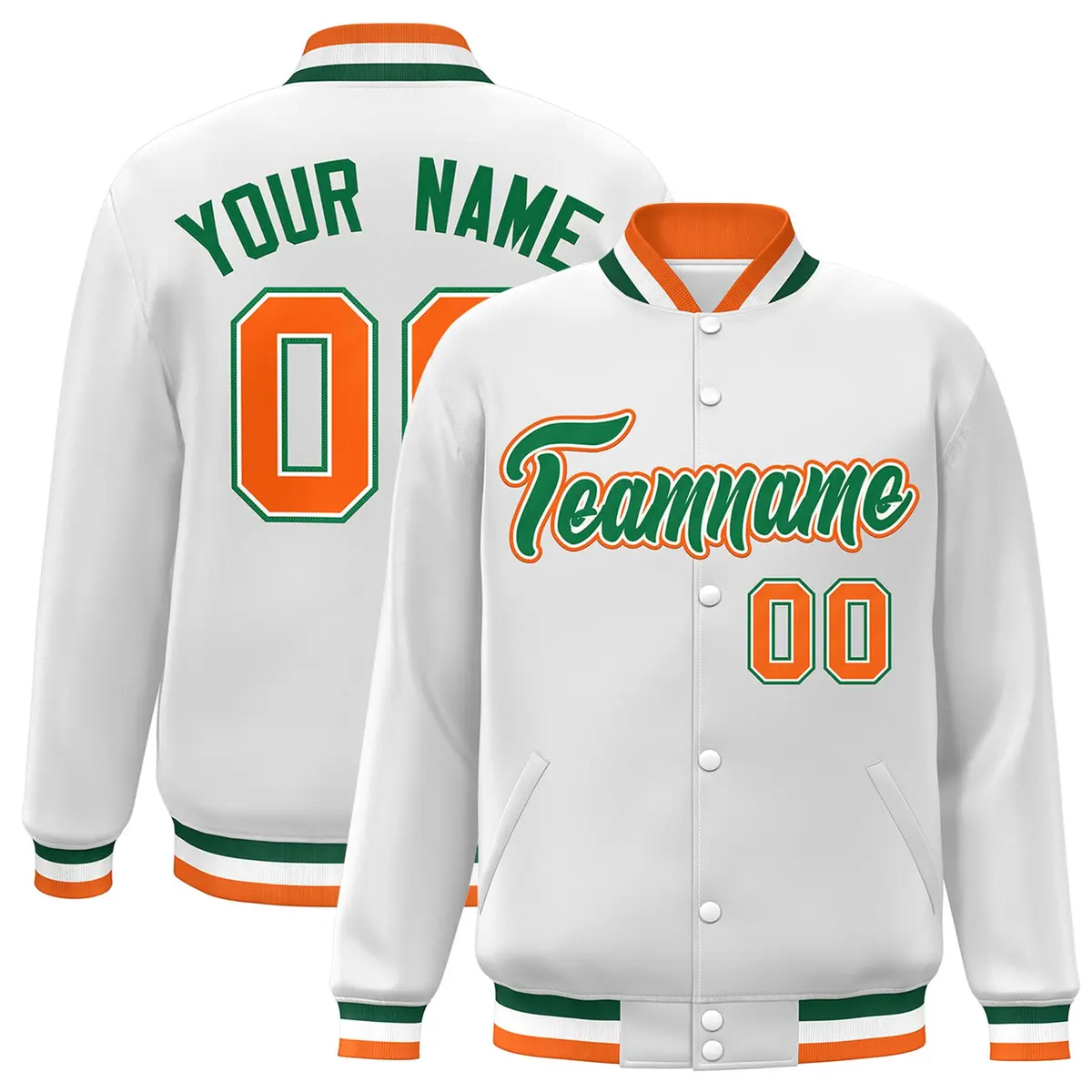 White Green-White Classic Varsity Full-Snap Letterman Jacket