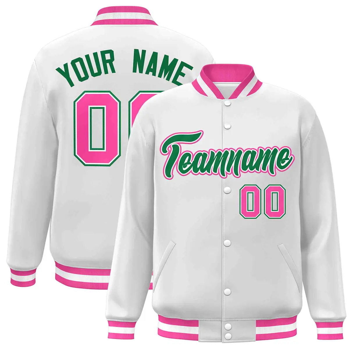 White Green-White Classic Varsity Full-Snap Letterman Jacket