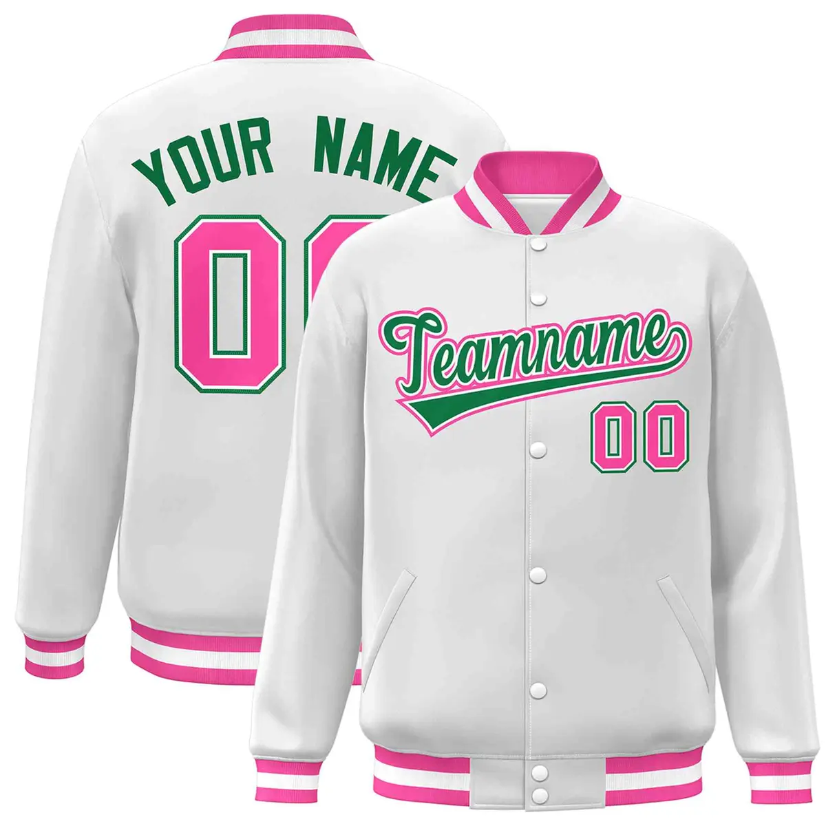 White Green-White Classic Varsity Full-Snap Letterman Jacket