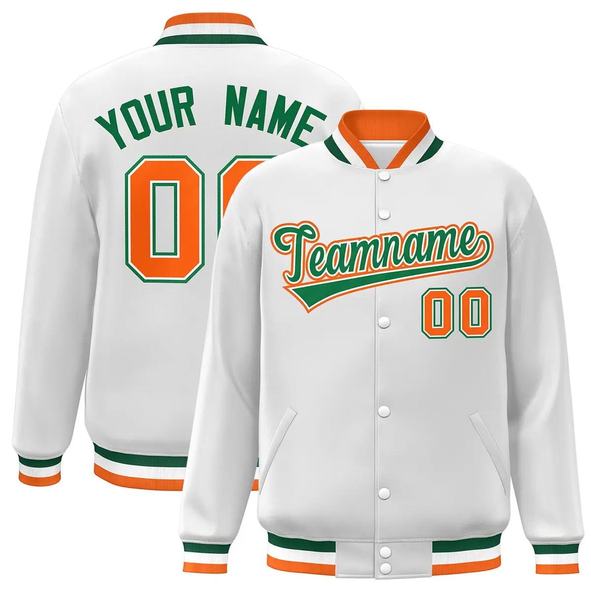 White Green-White Classic Varsity Full-Snap Letterman Jacket