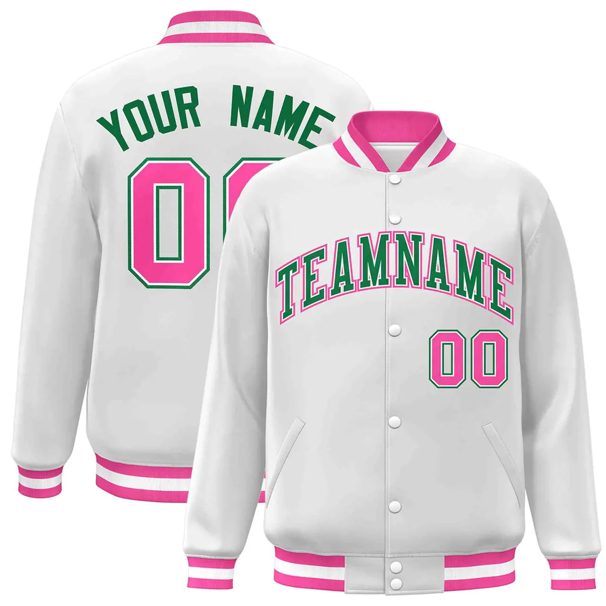 White Green-White Classic Varsity Full-Snap Letterman Jacket