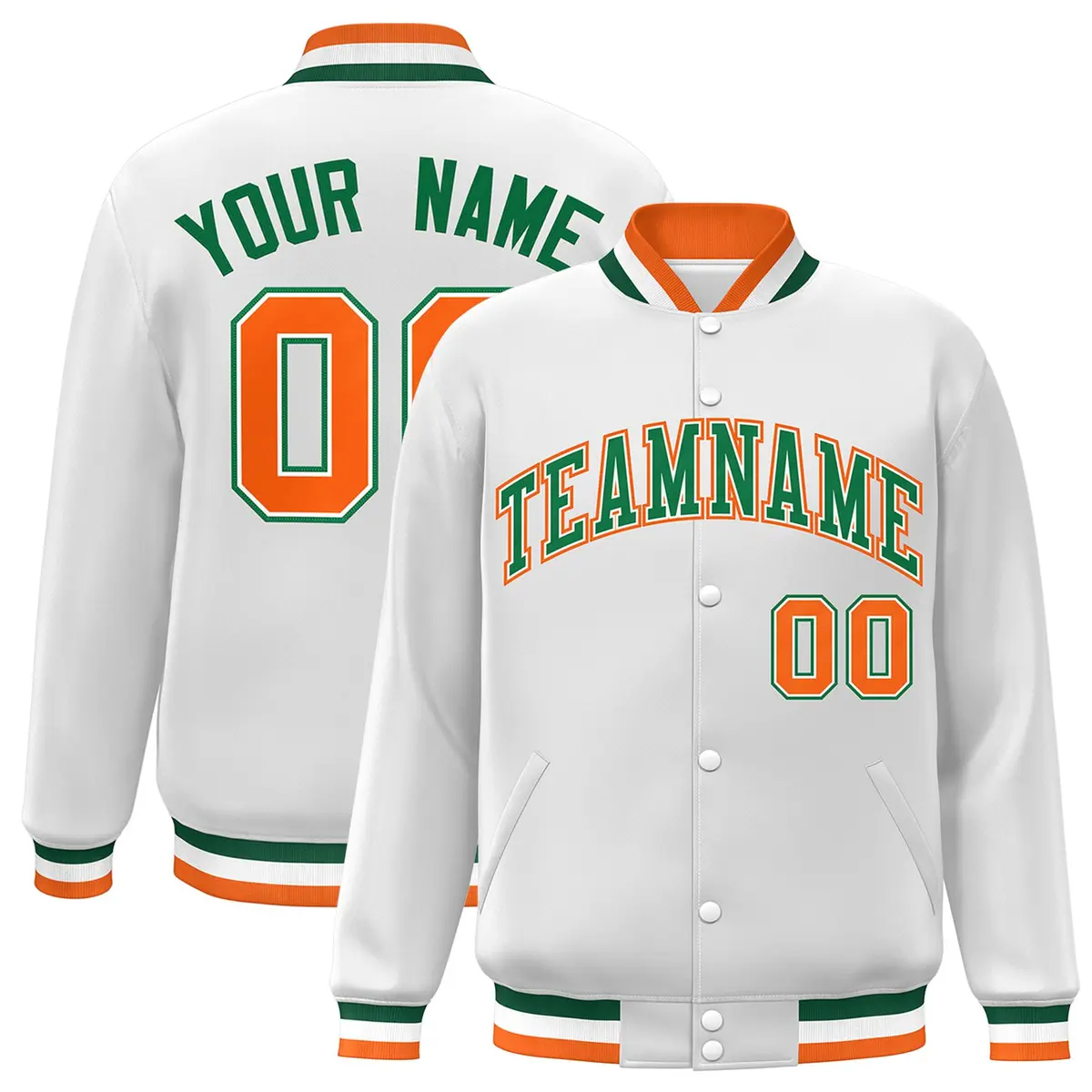 White Green-White Classic Varsity Full-Snap Letterman Jacket