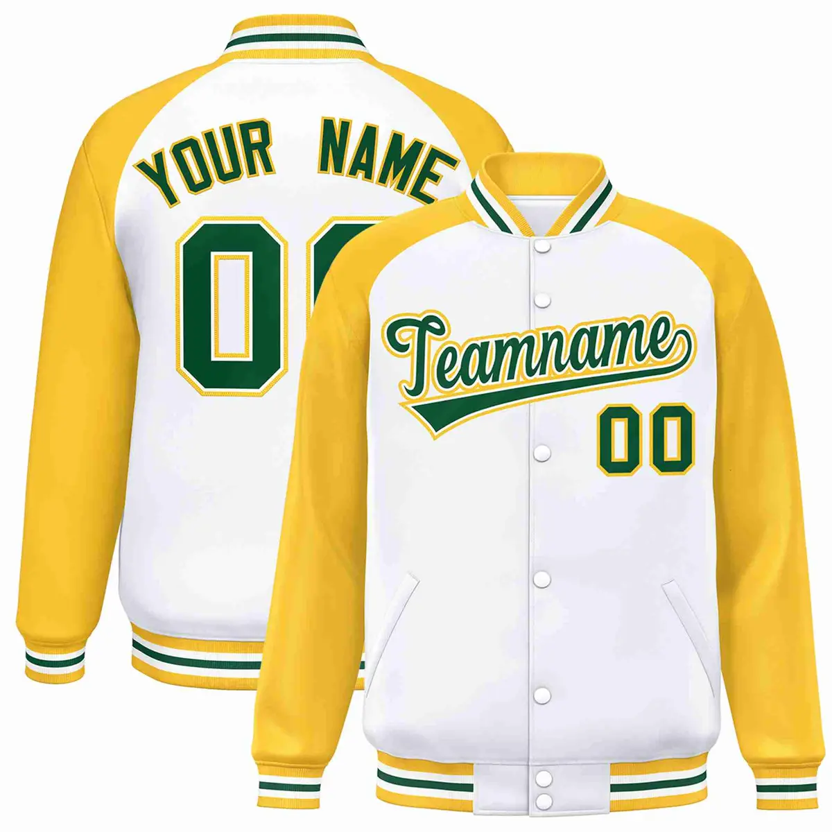 White Green-White Raglan Varsity Letterman Full-Snap Jacket
