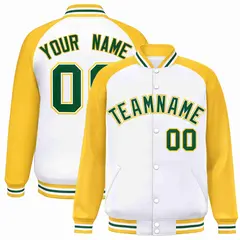 White Green-White Raglan Varsity Letterman Full-Snap Jacket