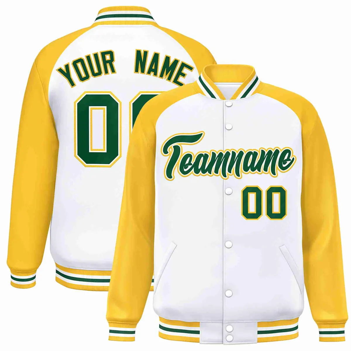 White Green-White Raglan Varsity Letterman Full-Snap Jacket