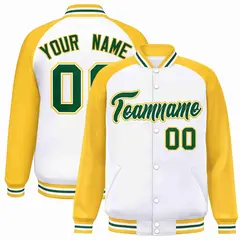 White Green-White Raglan Varsity Letterman Full-Snap Jacket