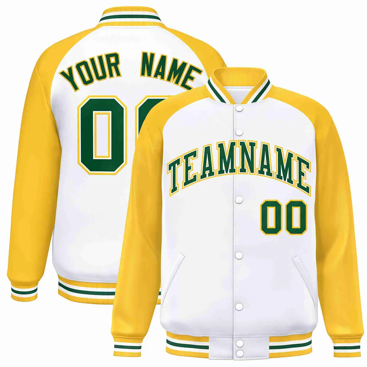 White Green-White Raglan Varsity Letterman Full-Snap Jacket