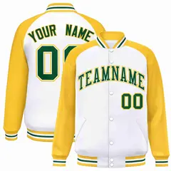 White Green-White Raglan Varsity Letterman Full-Snap Jacket