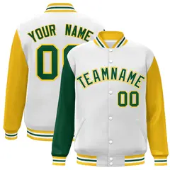 White Green-White Raglan Varsity Letterman Full-Snap Jacket
