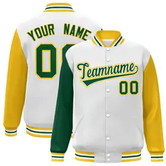 White Green-White Raglan Varsity Letterman Full-Snap Jacket