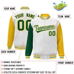 White Green-White Raglan Varsity Letterman Full-Snap Jacket 2
