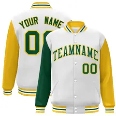 White Green-White Raglan Varsity Letterman Full-Snap Jacket