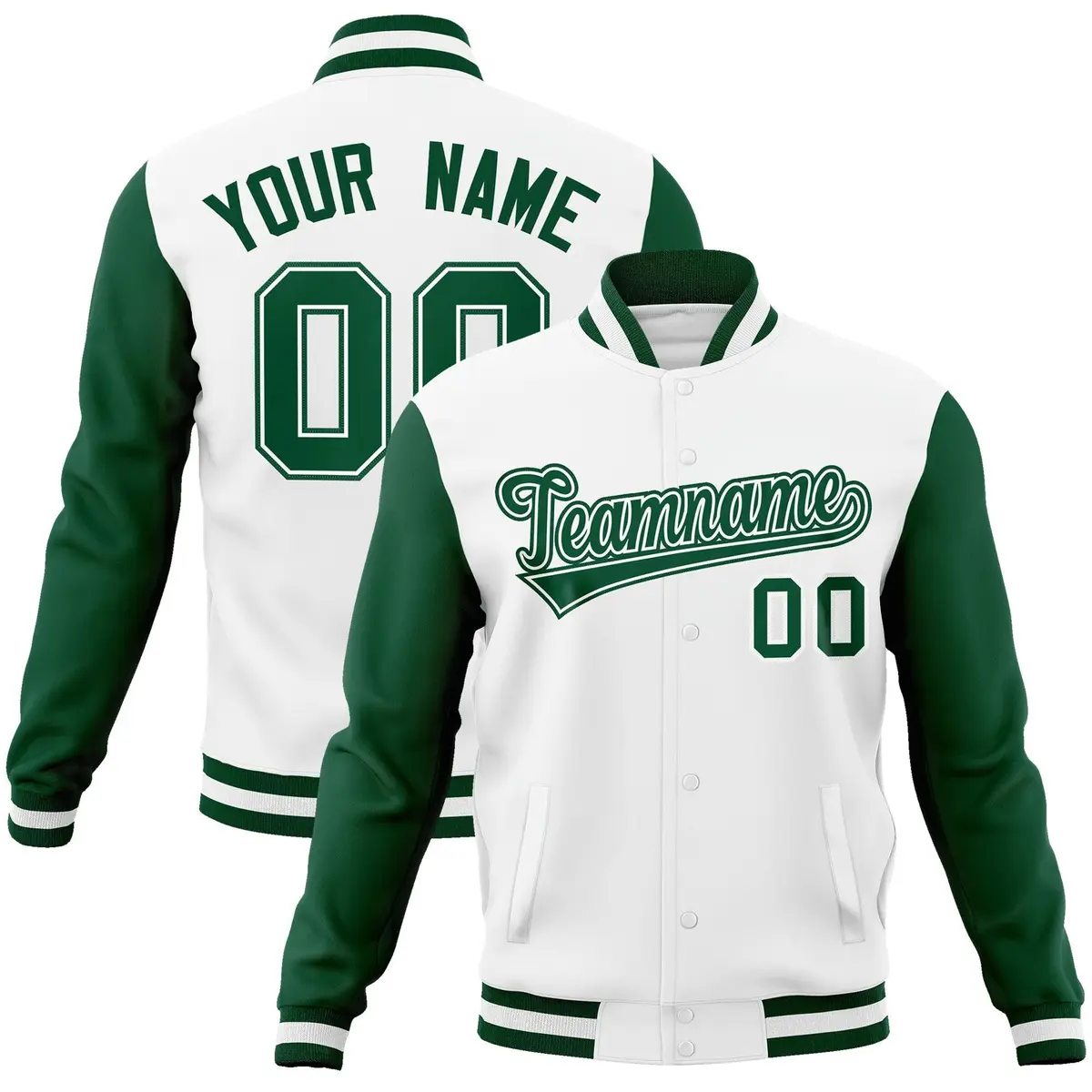 White Green-White Raglan Varsity Letterman Full-Snap Jacket