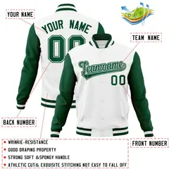 White Green-White Raglan Varsity Letterman Full-Snap Jacket 4