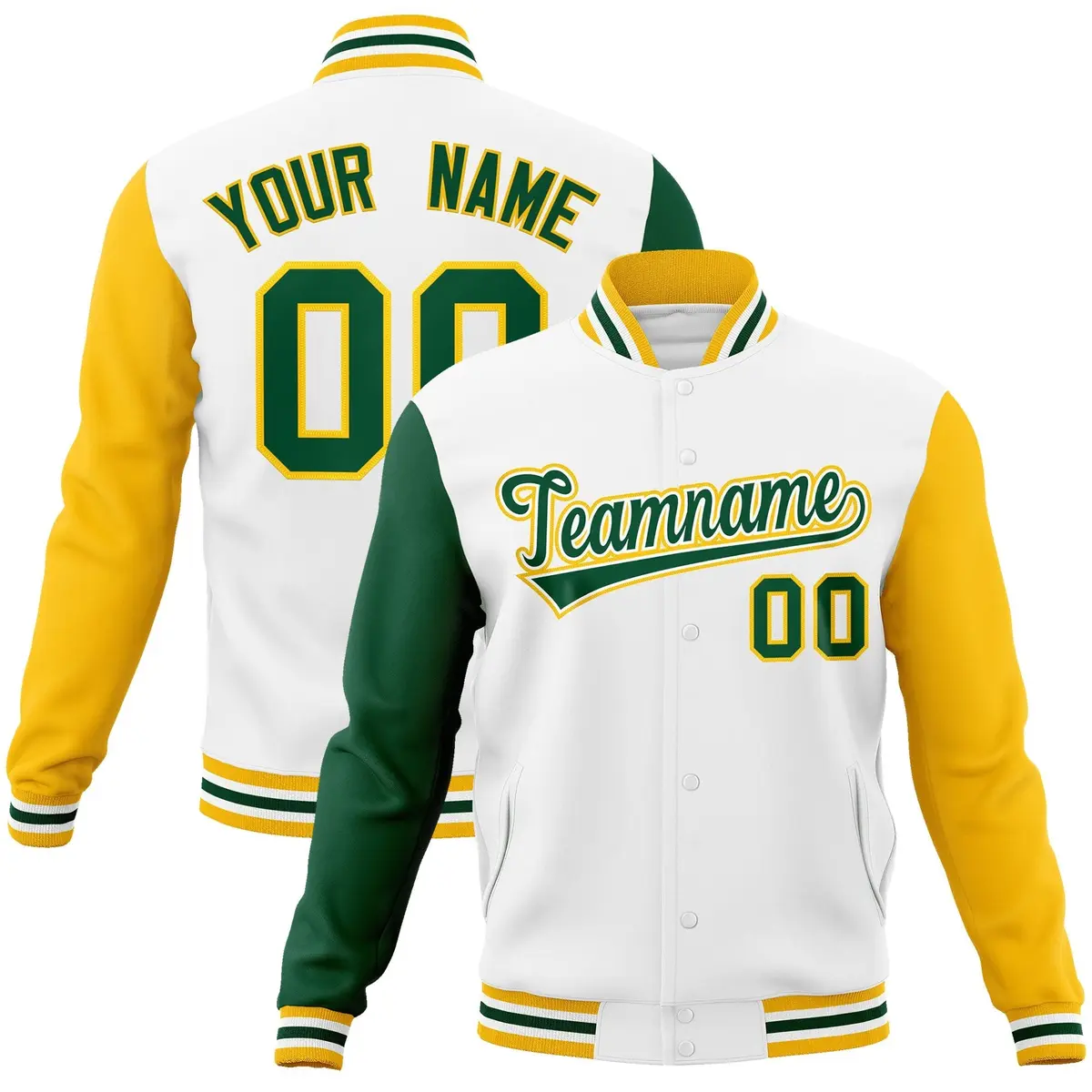 White Green-White Raglan Varsity Letterman Full-Snap Jacket