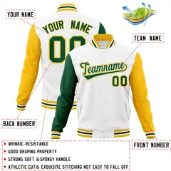 White Green-White Raglan Varsity Letterman Full-Snap Jacket 4