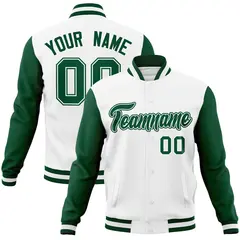 White Green-White Raglan Varsity Letterman Full-Snap Jacket