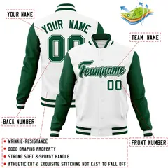 White Green-White Raglan Varsity Letterman Full-Snap Jacket 4