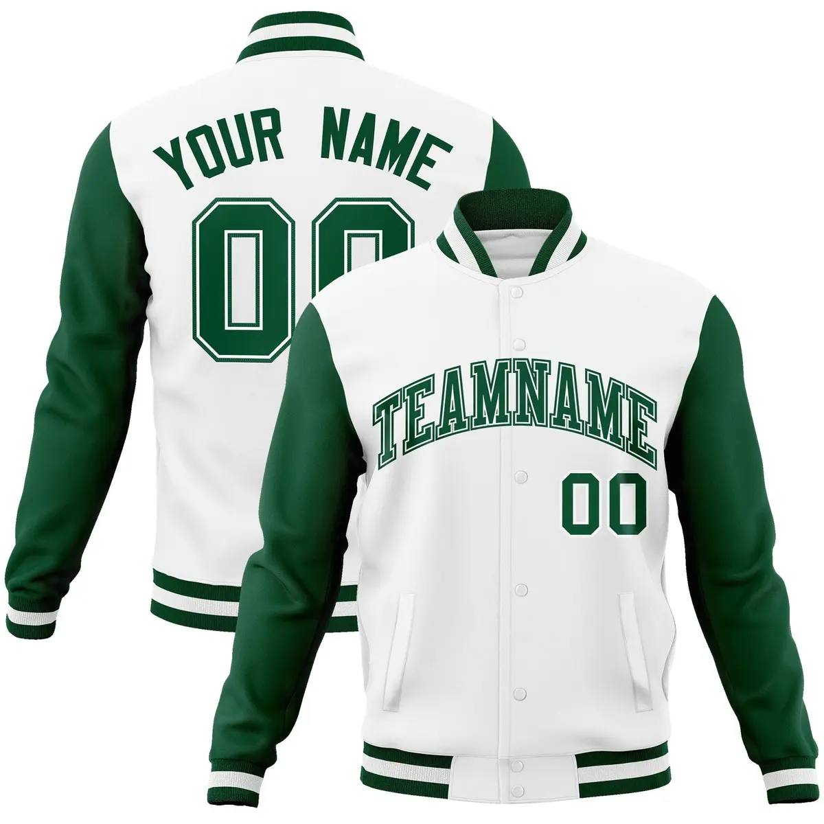 White Green-White Raglan Varsity Letterman Full-Snap Jacket