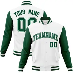 White Green-White Raglan Varsity Letterman Full-Snap Jacket