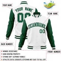 White Green-White Raglan Varsity Letterman Full-Snap Jacket 4
