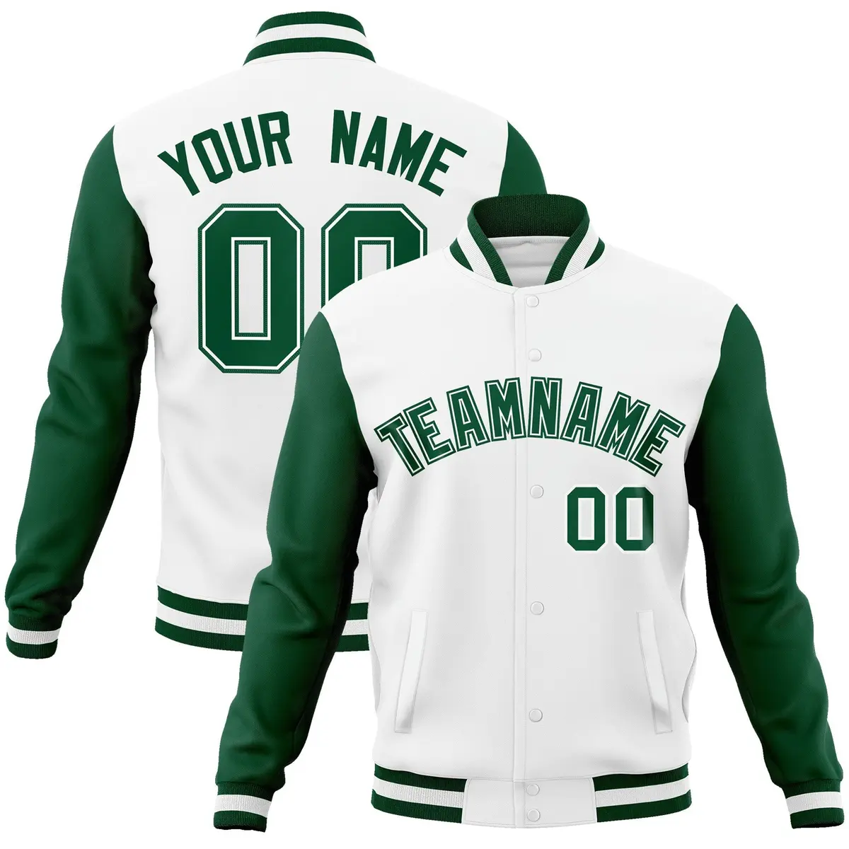 White Green-White Raglan Varsity Letterman Full-Snap Jacket
